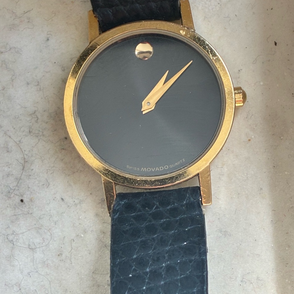 Movado Gold Case Black Dial Black Leather Strap Watch